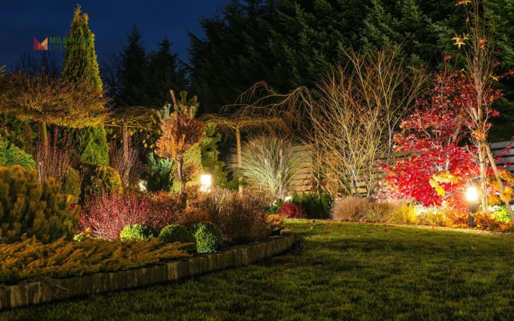 Flower Beds with Lighting Embedded in Rock Edging