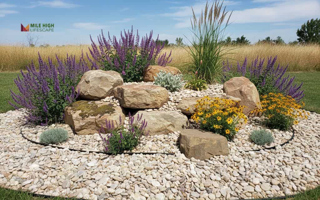 Decorative rock island with native plants