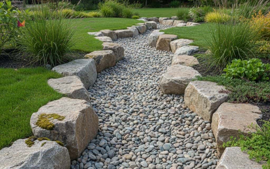 Dry creek bed for drainage