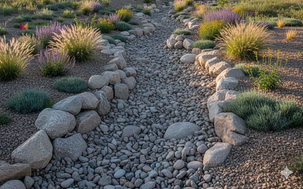 Dry creek bed for drainage