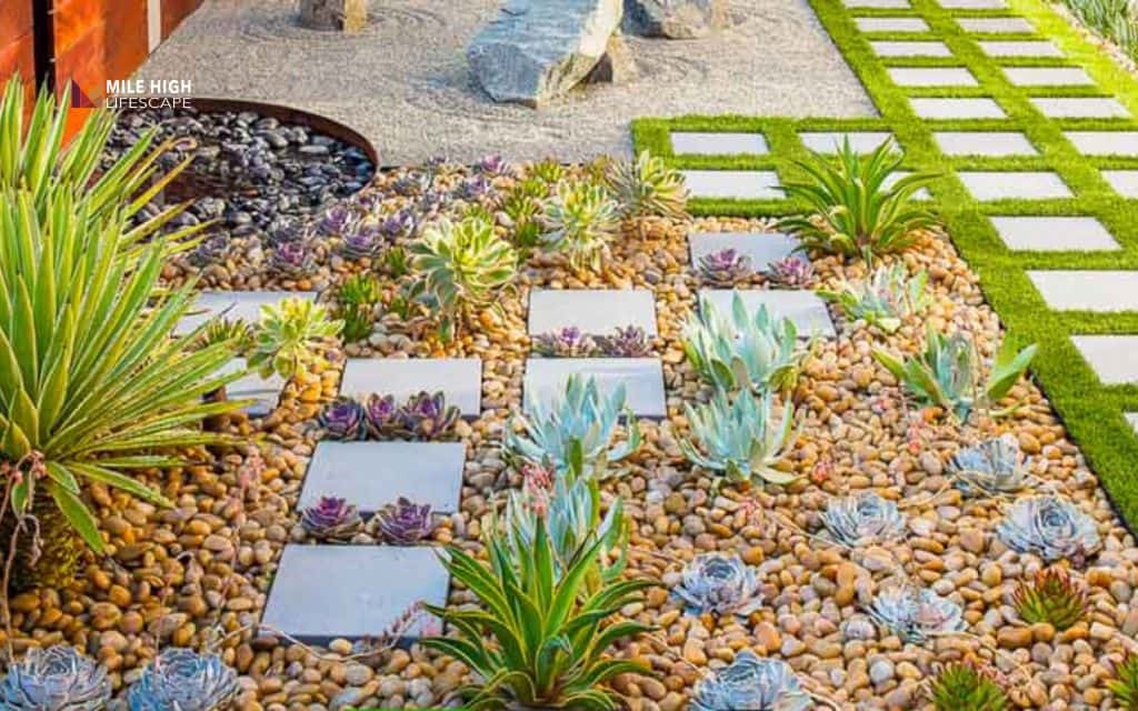 Flagstone patio with succulent borders