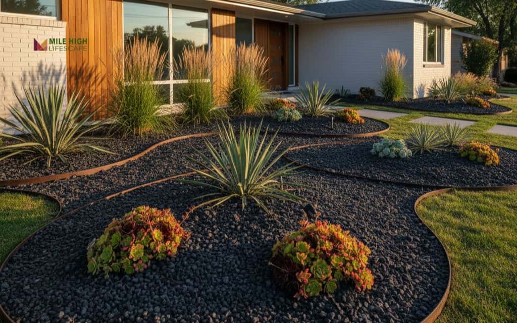 Front yard black landscape rock bed