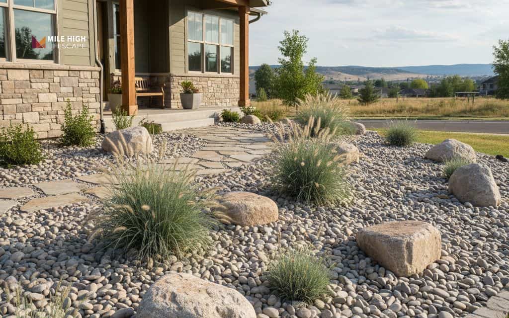 Front yard river rock curb appeal