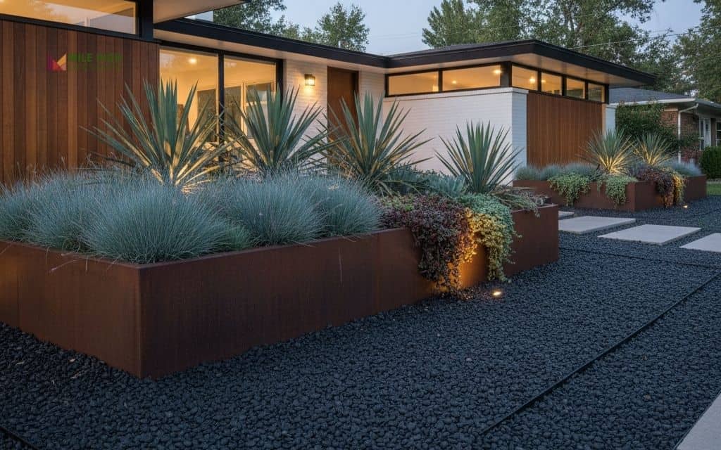 Minimalist front yard with black basalt
