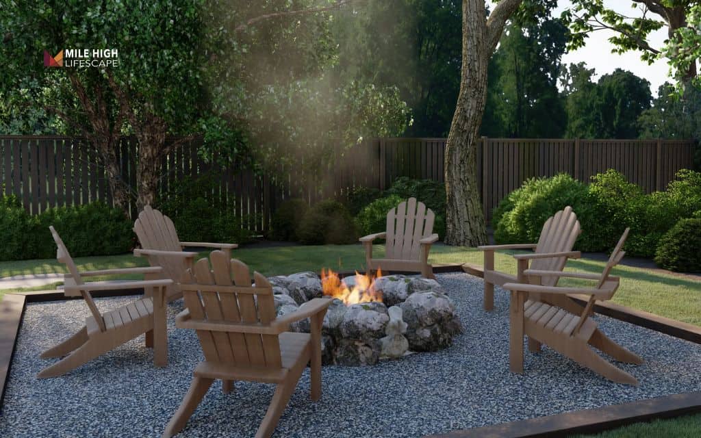Outdoor fireplace with gravel seating zone