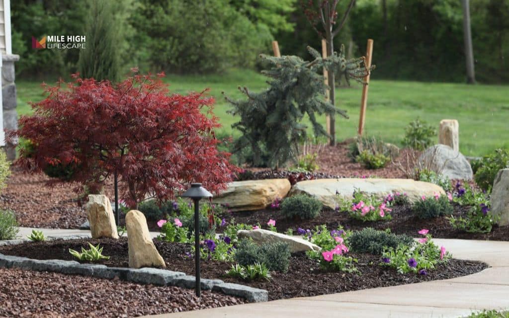 Prairie-style mulch and stone combo