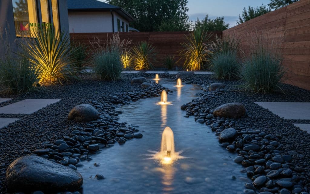 Water feature with black pebbles