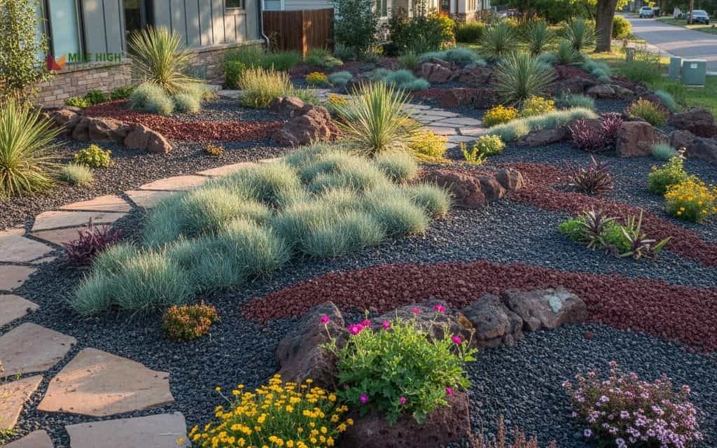 Xeriscape garden with black lava rock