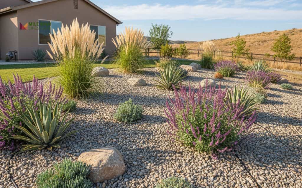 Xeriscape river rock garden