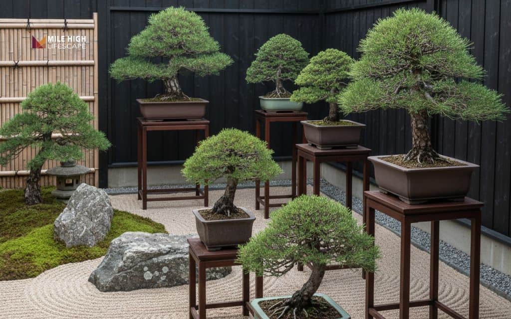 Zen courtyard with bonsai display