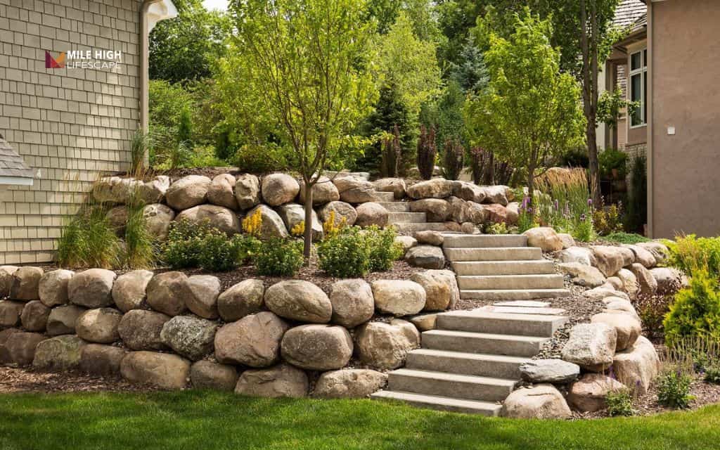 Boulder wall and rock garden terraces