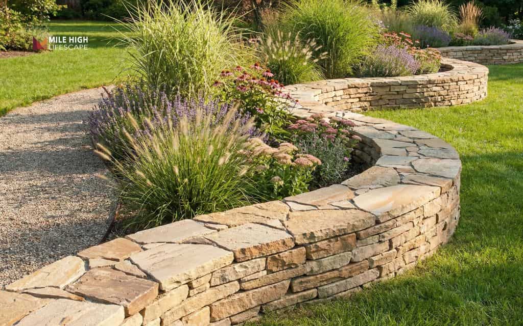 Curved natural stone garden wall