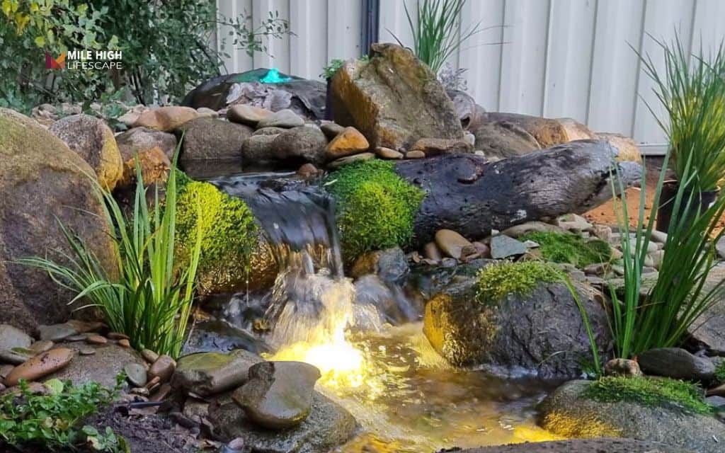 Rock water feature garden (pondless waterfall)