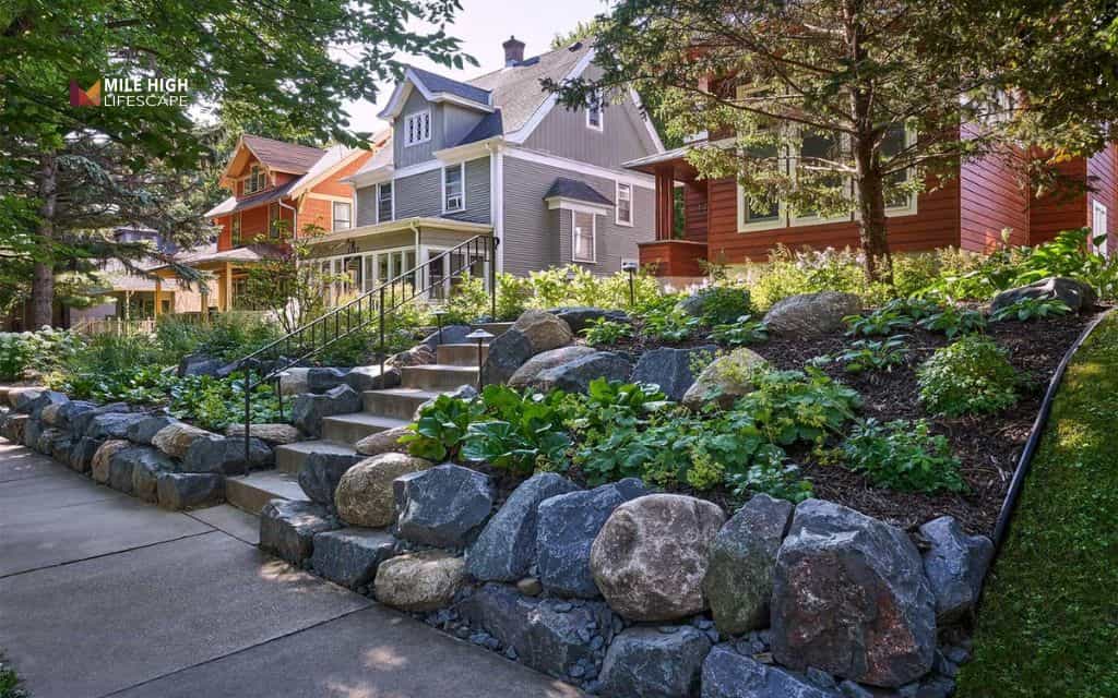 Terraced front yard rock wall garden