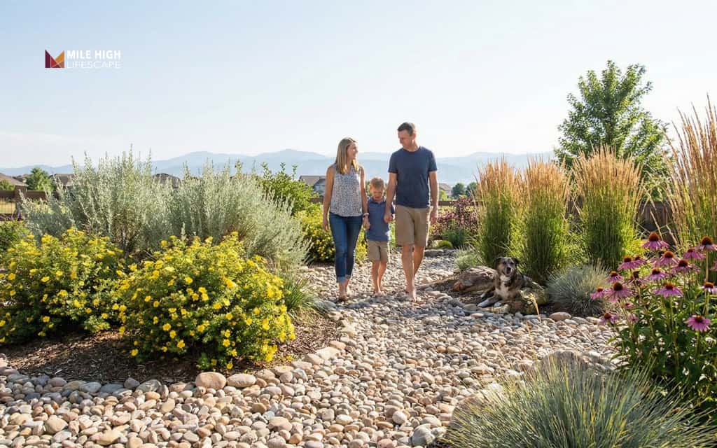 Backyard rock garden with small river rock