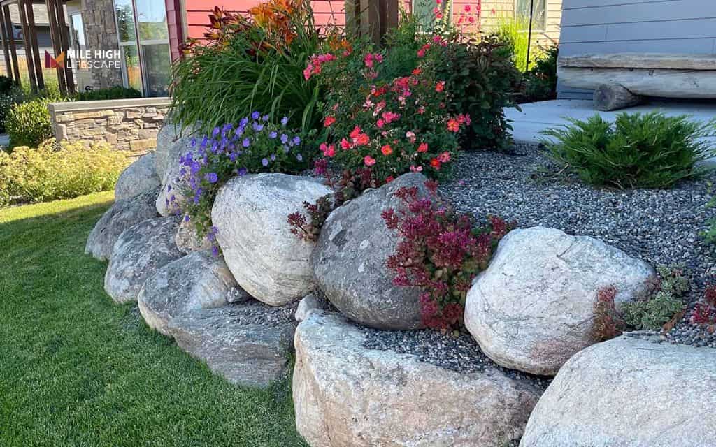 Corner yard pots with boulder accents
