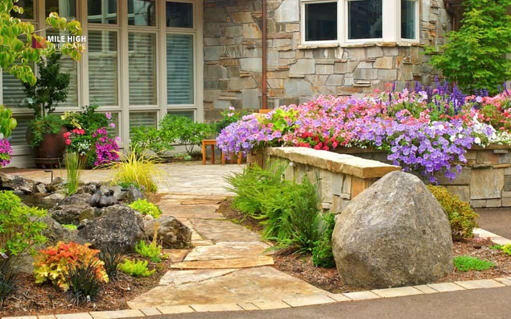 Front yard planter boxes with rock mulch
