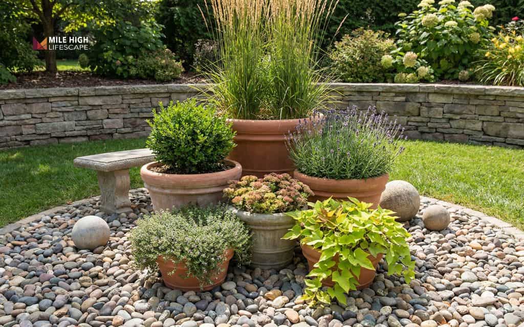 Mixed-height container garden with river rock