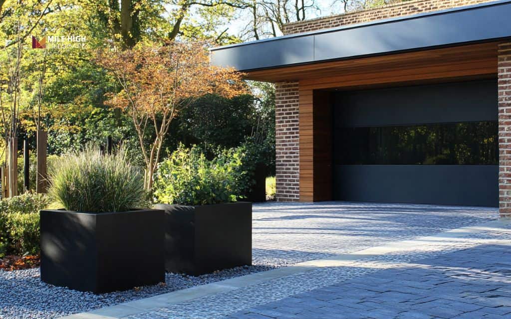 Modern front yard with concrete pots & black rock