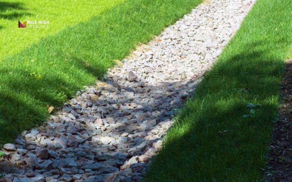 Rock drain landscaping for low spots in the yard