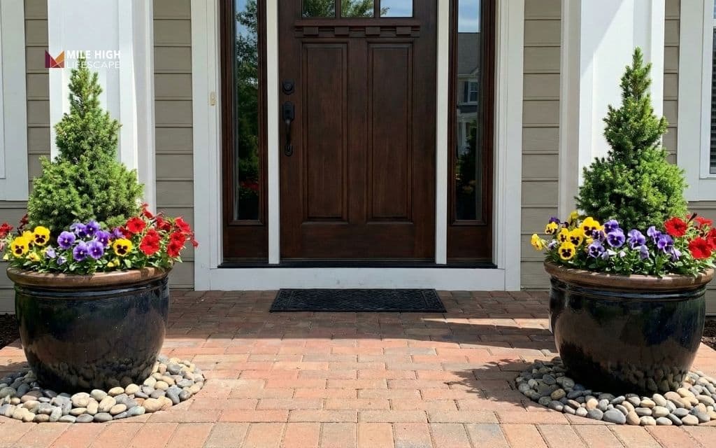 Symmetrical planters framing the front door