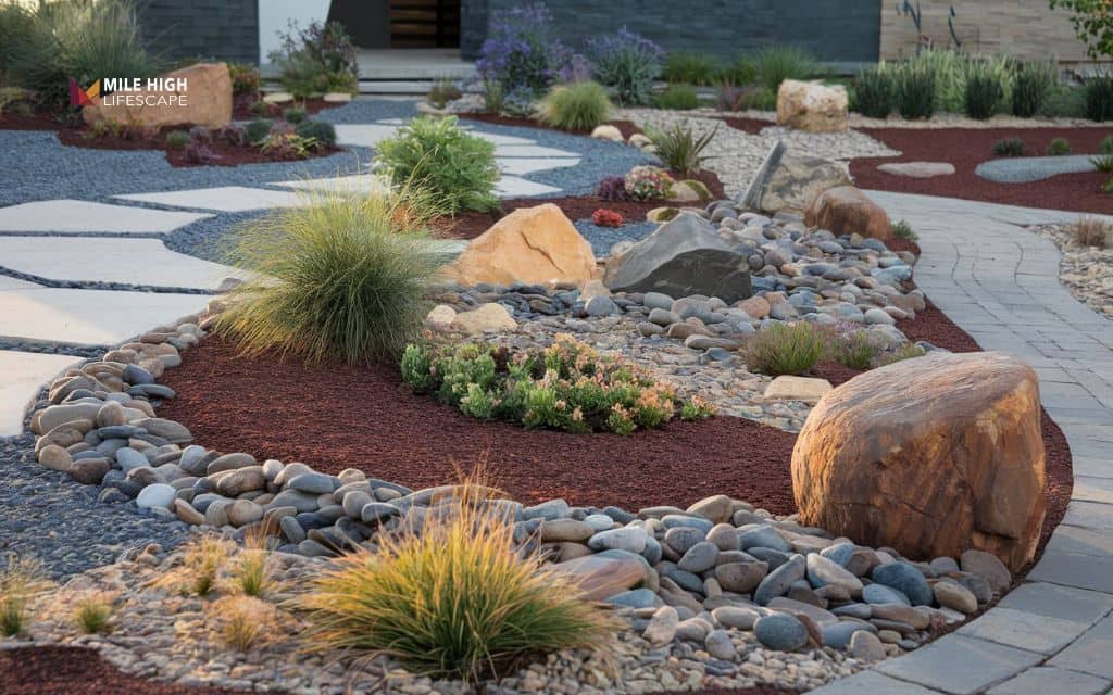 Front yard landscaping with large rocks
