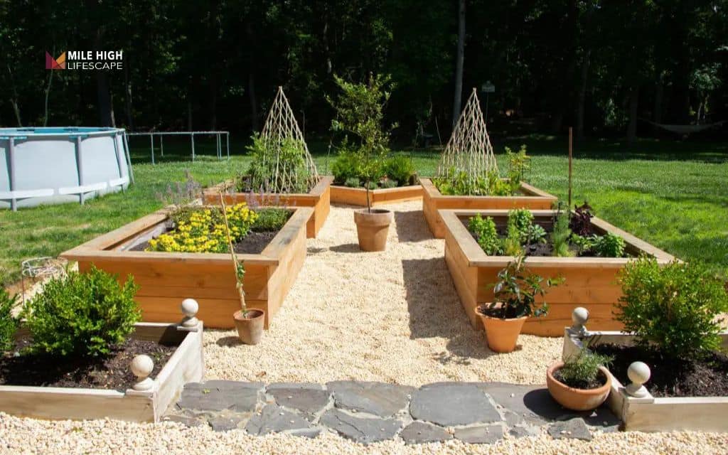 Rock patio with raised planters