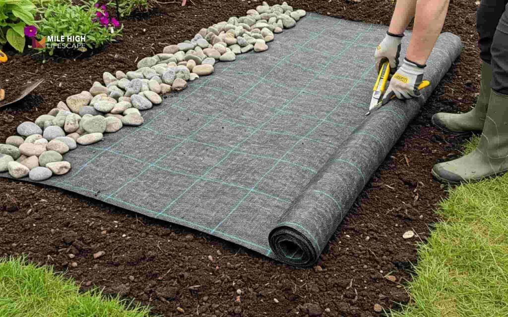 How to lay landscape fabric: Step 6: Add mulch, gravel, or rock on top