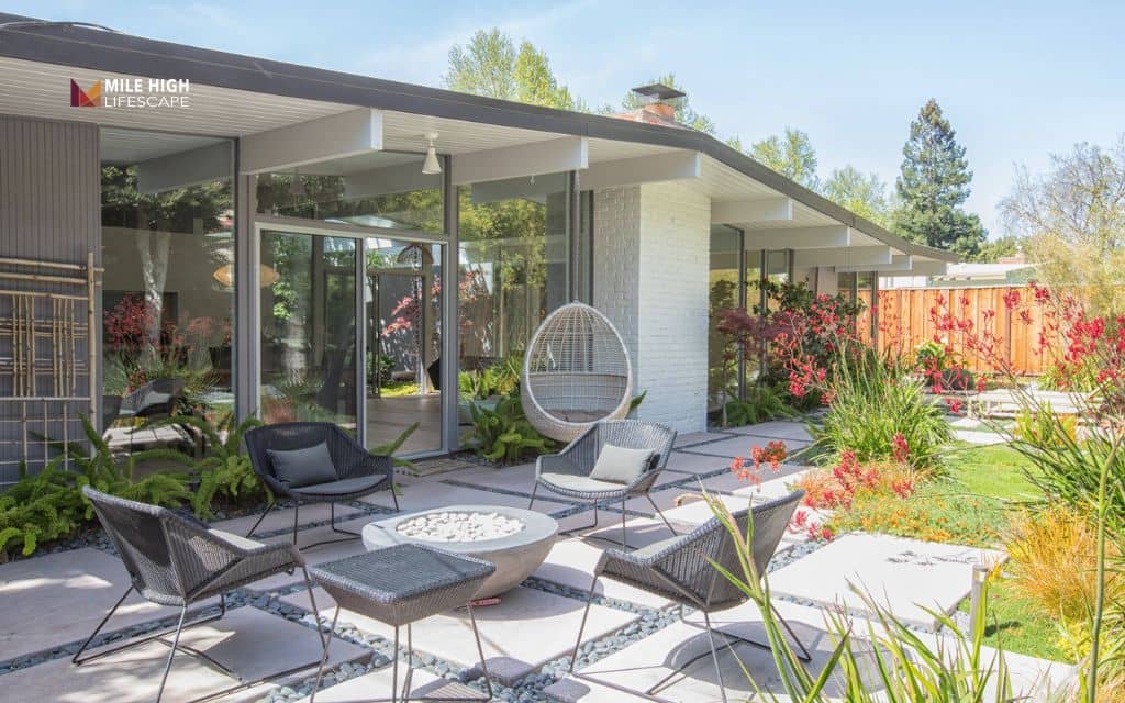 mid century modern landscape: Build a low-profile patio