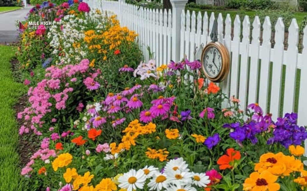 Fence line landscape ideas: Combine intricate fence designs with bold blooms