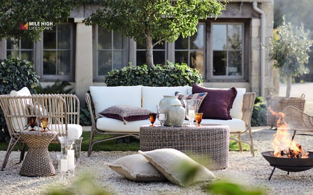 low cost fire pit landscape design: DIY seating with gravel base