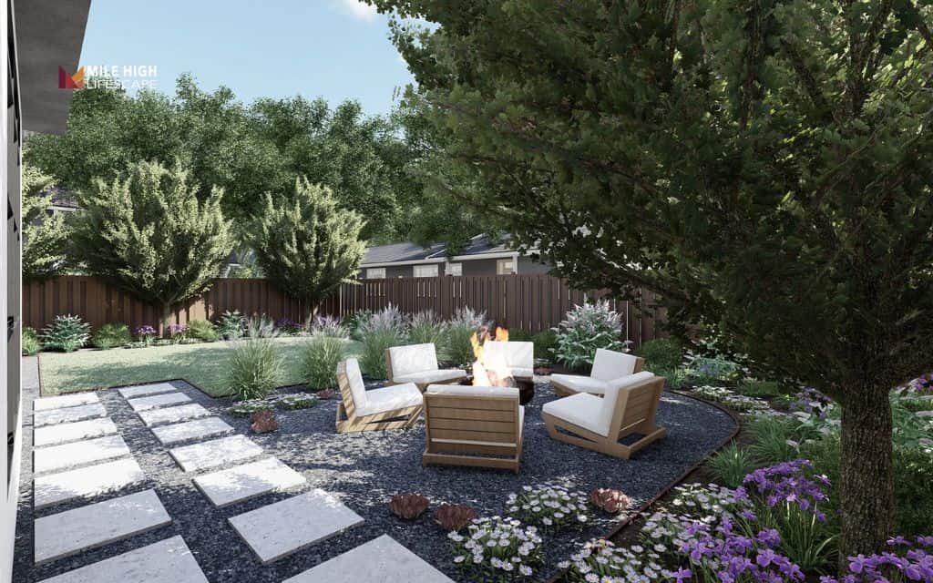 low cost fire pit landscape design: Fire pit with simple plant border