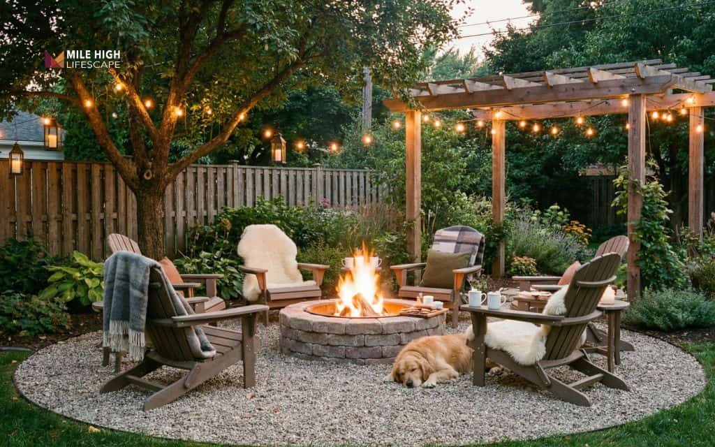low cost fire pit landscape design: Gravel fire pit area
