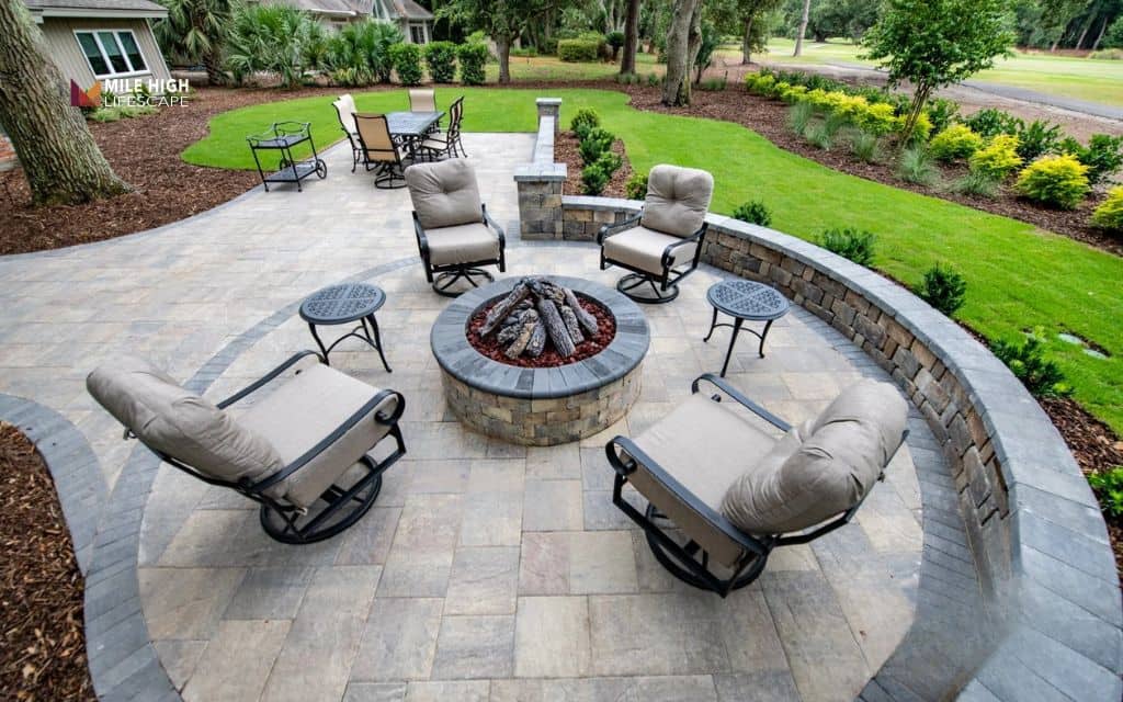 low cost fire pit landscape design: Small paver patio with fire pit