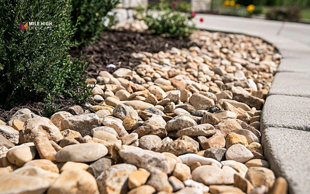 Desert front yard landscape: Mix gravel sizes for visual interest