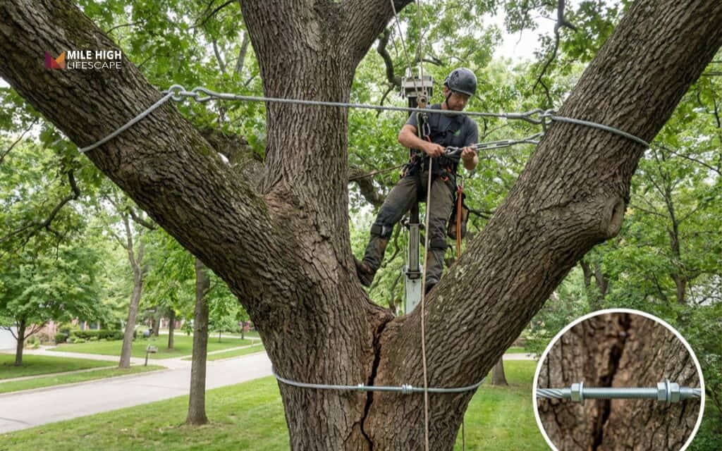 Tree disease treatment: Cabling and bracing for structural support
