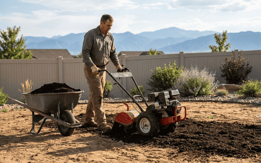 Landscaper tilling compost into Denver clay soil before sod installation