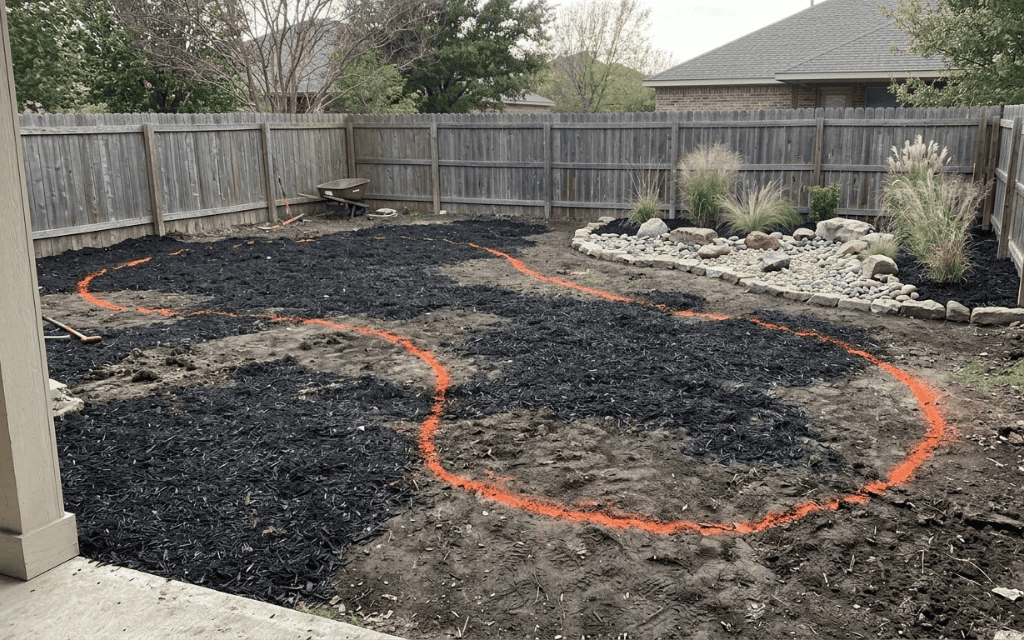Bare Denver backyard covered with shredded wood mulch and a sketched lawn layout for a spring sod installation
