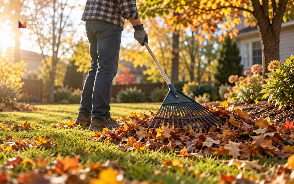 Person in work gloves raking fallen orange leaves across a green lawn beside a mulched garden bed