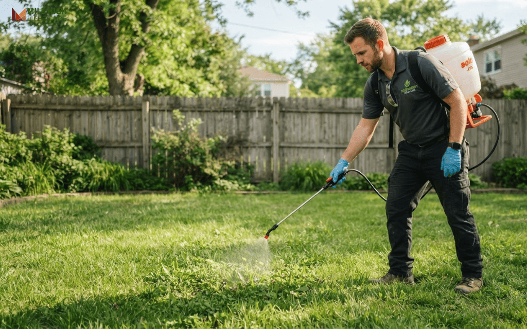 Lawn technician spot-treating a bermuda grass patch in a Kentucky bluegrass lawn with a backpack sprayer