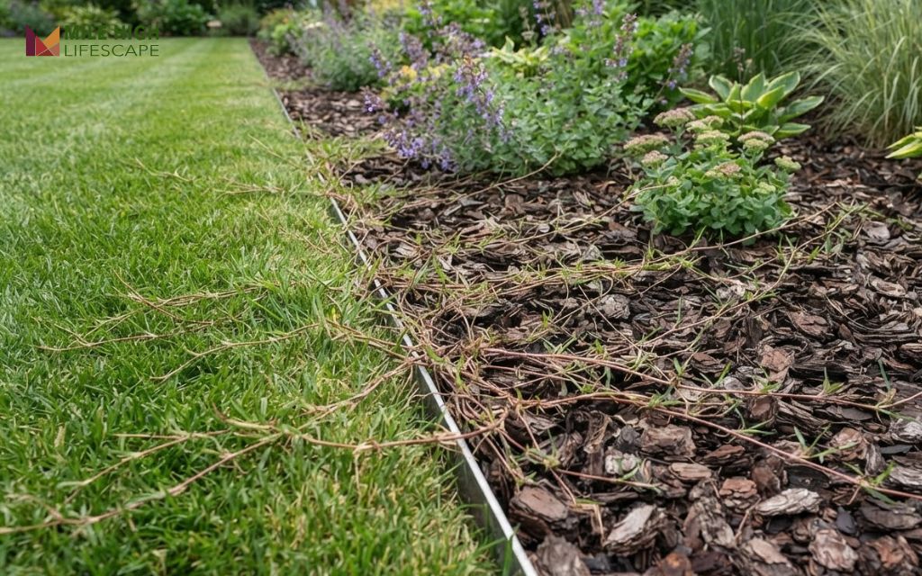 Bermuda grass runners spreading across a lawn edge onto a garden bed