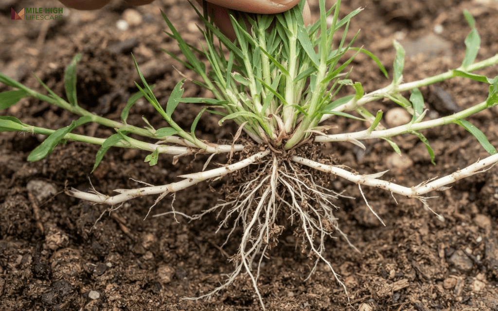 Pulled bermuda grass plant showing green stolons above ground and white rhizomes below the soil line