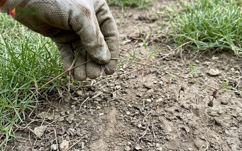 Bermuda grass stolon creeping over bare soil and rooting at each node