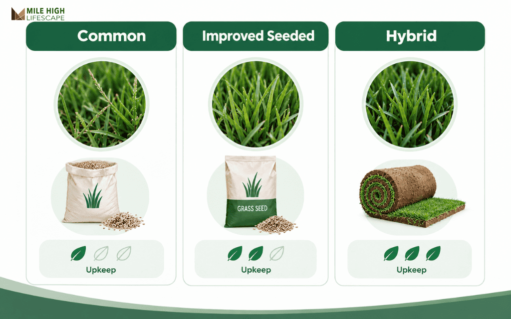 Comparison chart of common, improved seeded, and hybrid bermuda grass by planting method and texture