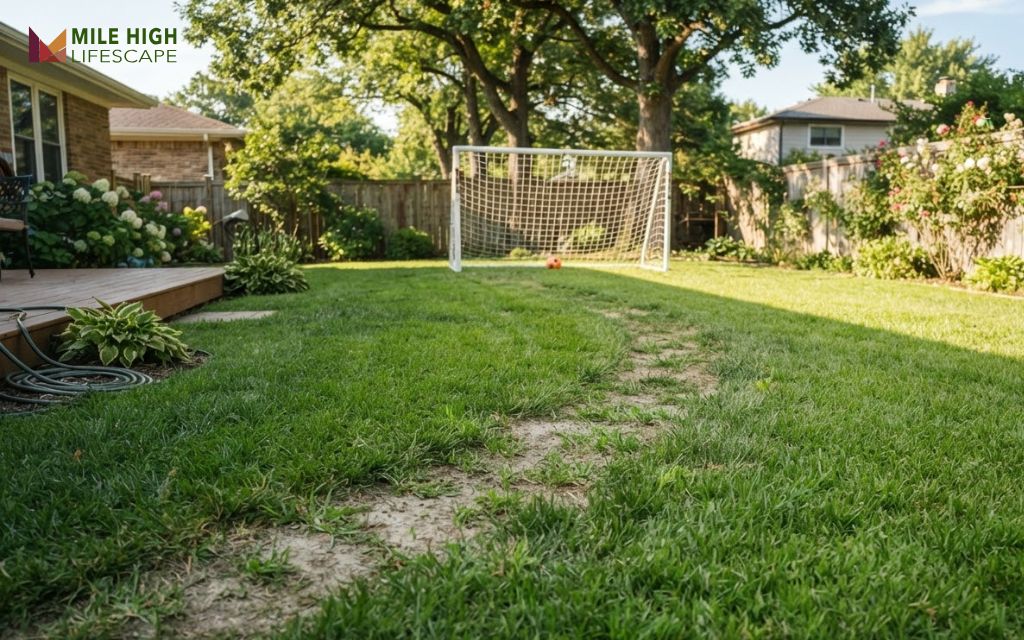 Backyard bermuda lawn recovering from foot traffic near a play area