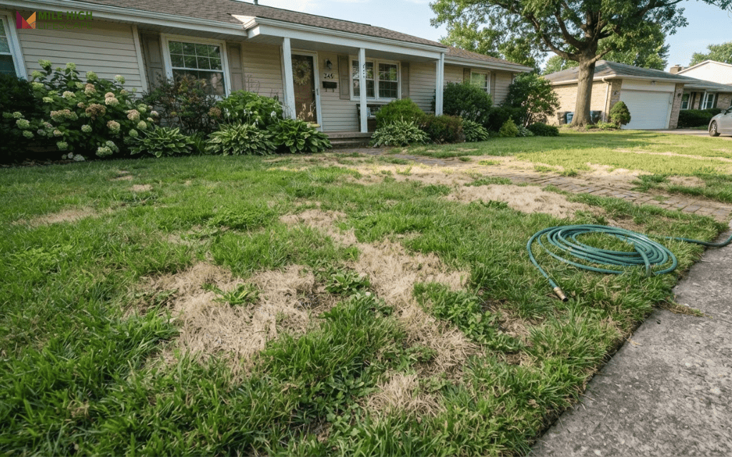 Bermuda grass lawn in spring with dead, bleached patches from winterkill beside green recovering turf