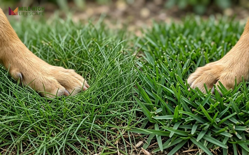 Close-up of bermudagrass and zoysiagrass turf with dog paws for durability comparison