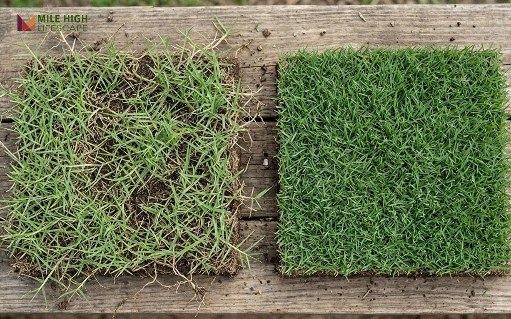 Bermudagrass sod with surface runners beside dense zoysiagrass sod on a wooden board