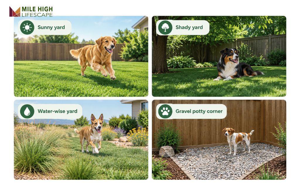 Infographic of the best grass for dogs by yard situation including shade and high traffic