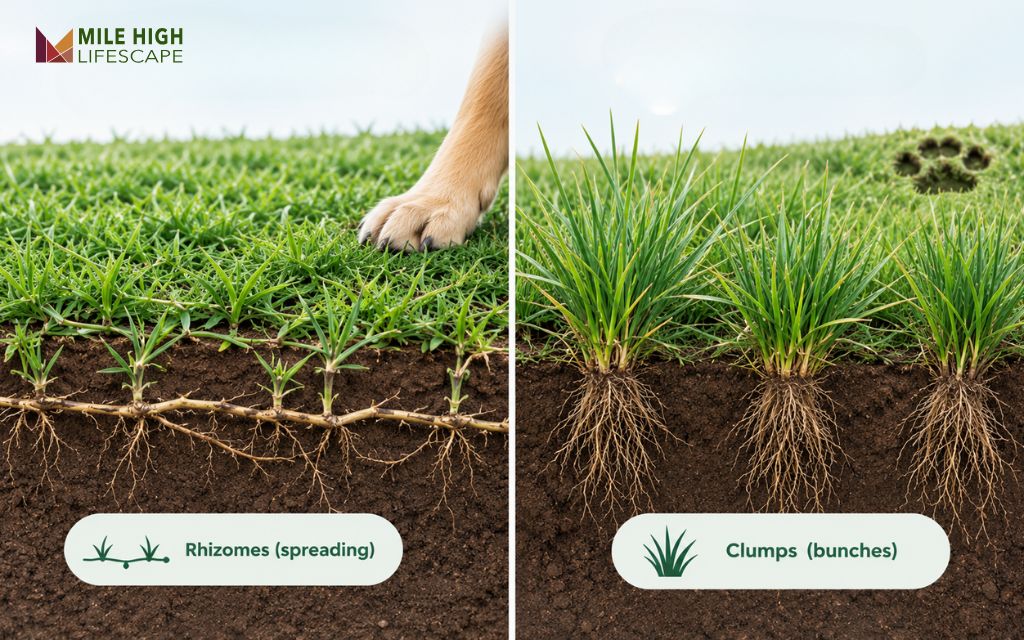 Illustration comparing spreading rhizome grass and bunch-type grass for dog lawns